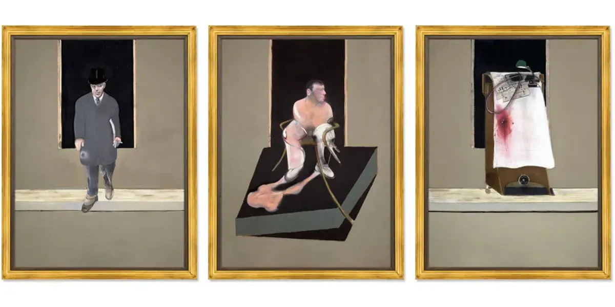 Francis Bacon (1909-1992), 'Triptych 1986-7', 1986-1987, olja, pastell, sprayfärg, 3 delar, vardera signerad, med titel, inskription och datum a tergo, 198 x 147,5 cm. Foto © Christie's