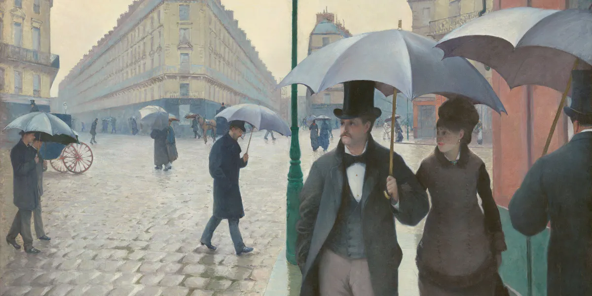 Gustave Caillebotte (1848-1894), Rue de Paris, temps de pluie (Straße in Paris an einem regnerischen Tag), 1877, Öl/Lwd., 212,2 x 276 cm, Art Institute of Chicago, Chicago. Foto gemeinfrei (Detail)