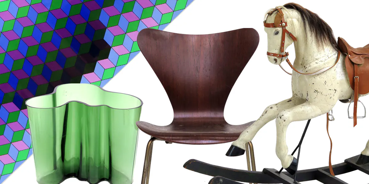 Victor Vasarely, Alvar Aalto, Arne Jacobsen, gunghäst i trä. Foton: Hallands Auktionsverk