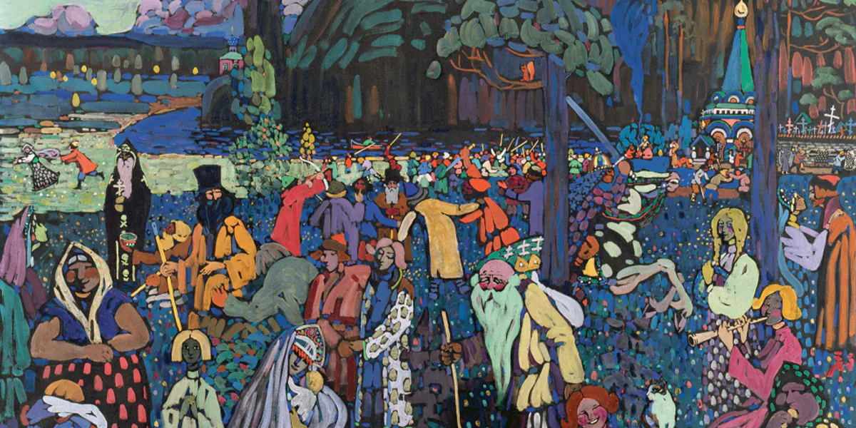 Wassily Kandinsky, Vita colorata, 1907, tempera/pastello, 130 x 162,5 cm, Städtische Galerie im Lenbachhaus, Monaco. Foto di pubblico dominio