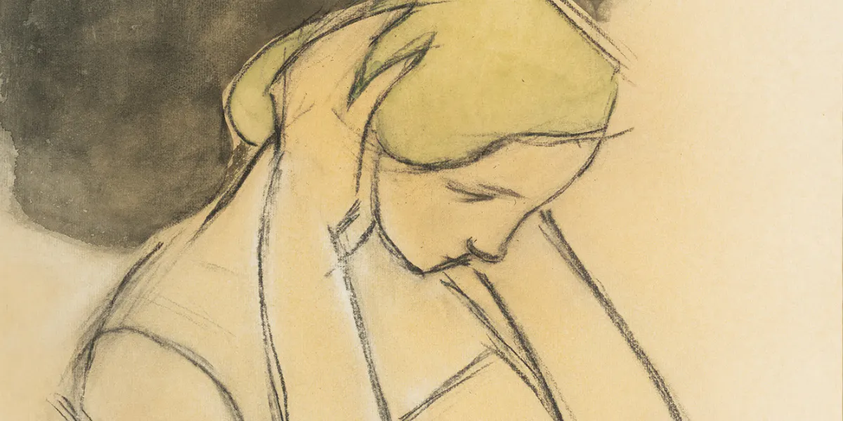 Helene Schjerfbeck (1862-1946), ‘Den yngre flickan’, 1937, skiss till ‘Framför spegeln’, kol, tusch och akvarell på papper, 51,9 x 42 cm. Foto © Hallands Auktionsverk (detalj)