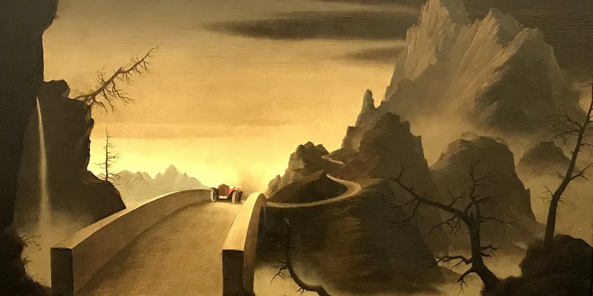 Franz Sedlacek (1891-1945), Gebirgslandschaft mit Automobil (Mountain Landscape with Automobile), 1931. Licence CC BY-SA 4.0 via Wikimedia Commons