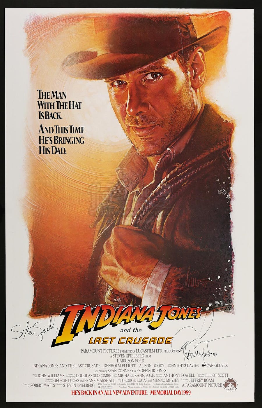 Indiana Jones e l'Ultima Crociata (1989), Style A One Sheet autografato da Ford, venduto per il 40% in più rispetto alla stima di prevendita per £ 1.400 nel settembre del 2016. Foto © Propstore