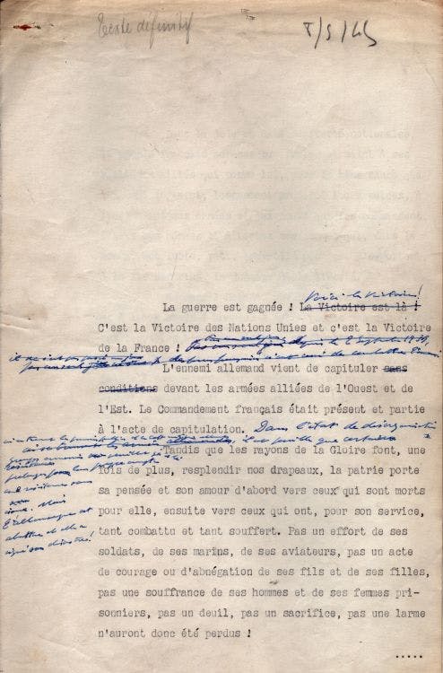 Discurso de CHARLES DE GAULLE anunciando la rendición alemana de la Segunda Guerra Mundial