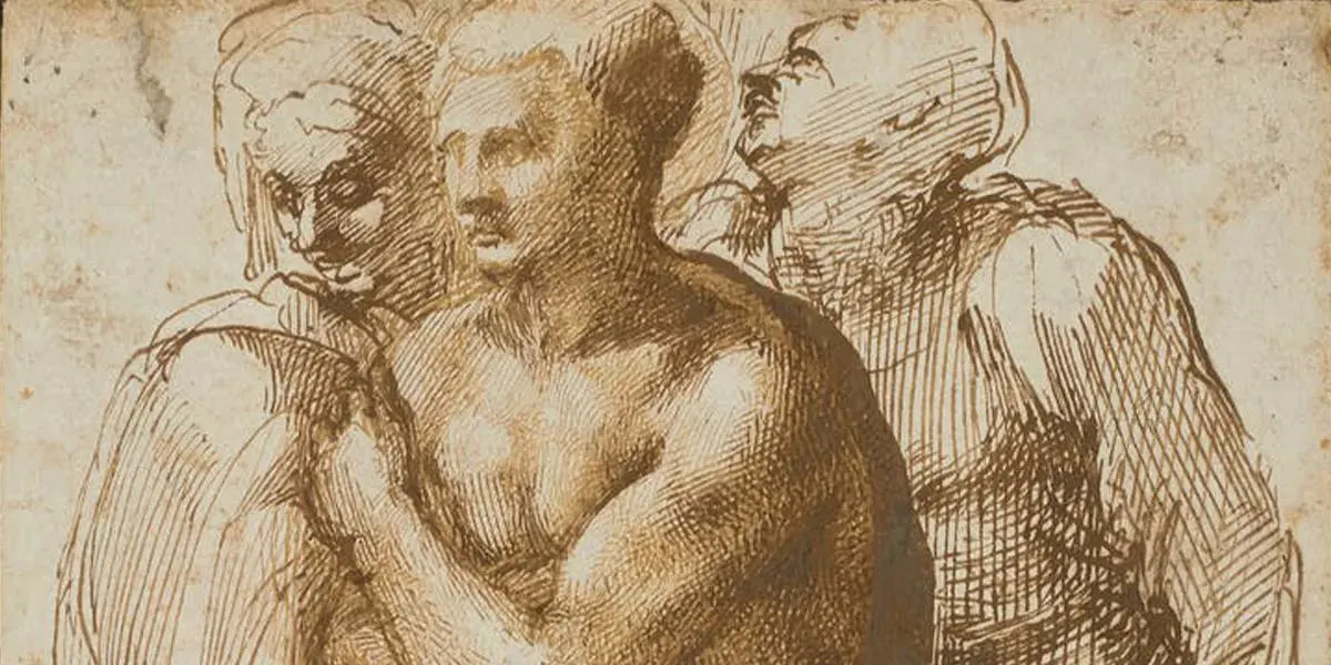 Michelangelo Buonarroti (1475-1564), ‘A nude young man (after Masaccio), surrounded by two figures’, pen and two shades of brown ink (detail). Photo © Christie's 