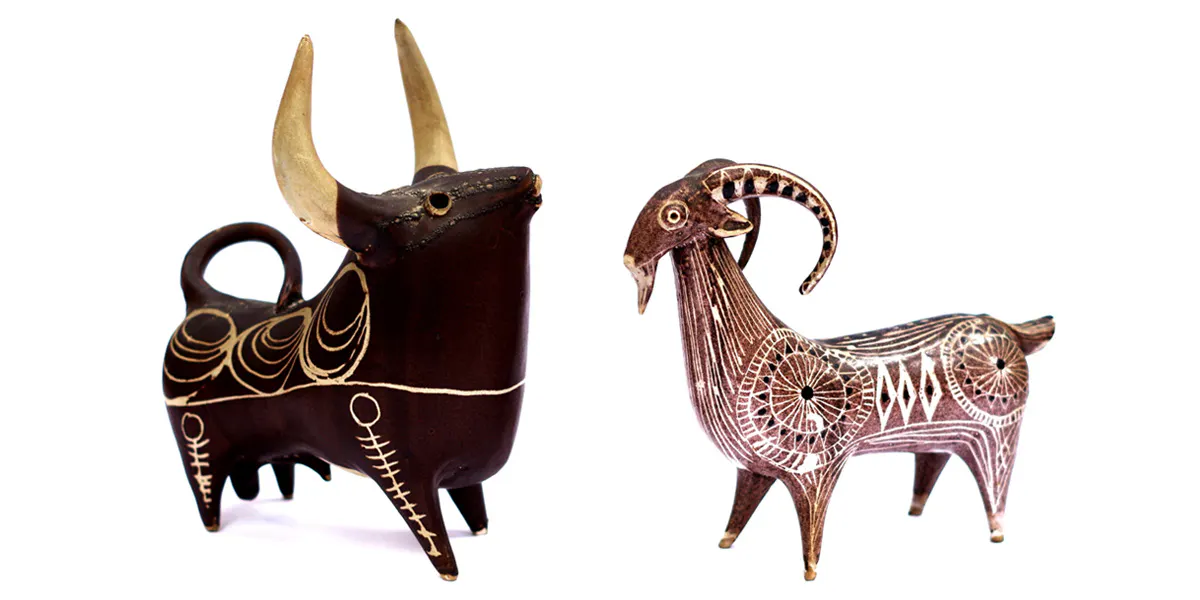 Left: William Newland, a ceramic bull. Right: Margaret Hines, a ceramic goat. Both lots are included in TW Gaze’s forthcoming 14 October ‘Modern Design’ auction. Photo: TW Gaze