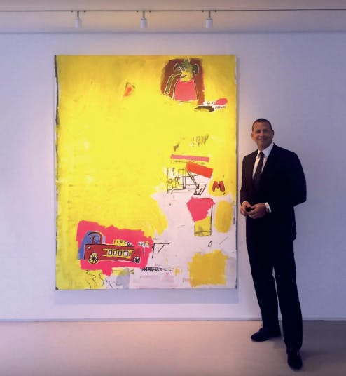 A-Rod in front of Basquiat's Pink Elephant and Cab Engine. Image: Phillips