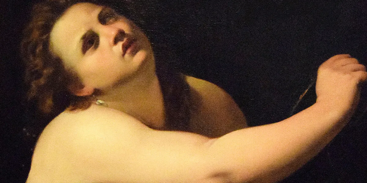 Artemisia Gentileschi, Cleopatra, 1620-1626 circa, olio su tela, 97 x 71.5 cm, Fondazione Cavallini-Sgarbi, Ferrara. Immagine di dominio pubblico (dettaglio)