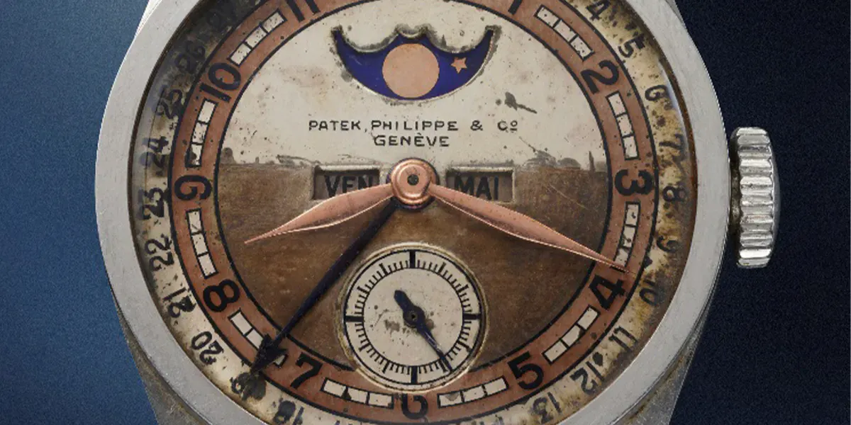 La Patek Philippe Référence 96 Quantième Lune provenant de l’ancienne demeure du dernier empereur de Chine, Aisin-Gioro Puyi, a été mise aux enchères à Phillips à Hong Kong le 23 mai. Photo © Phillips (détail)