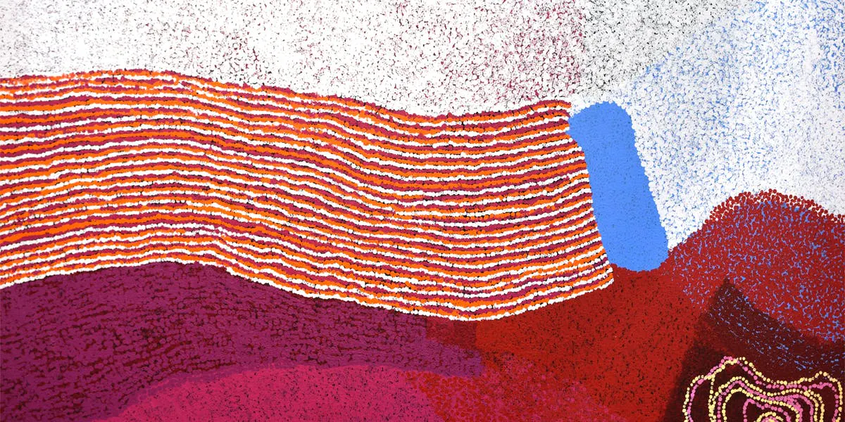 Tommy « Yannima » Watson, Irika (détail), 2015, peinture polymère synthétique sur toile, 301 x 182 cm, image © Cooee Art MarketPlace