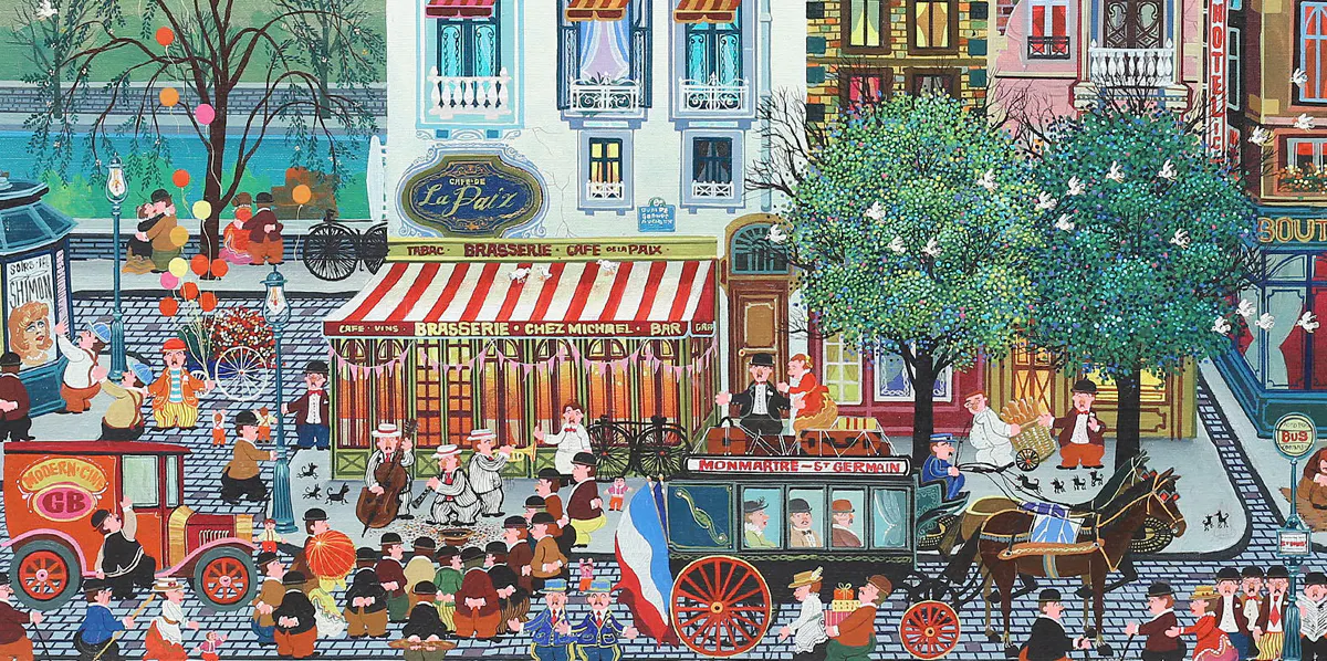 Hiro Yamagata, Folkliv i Paris, olja på duk, signerad -76, 46 x 55 cm (detalj). Foto: Auktionskammaren i Vätterbygden