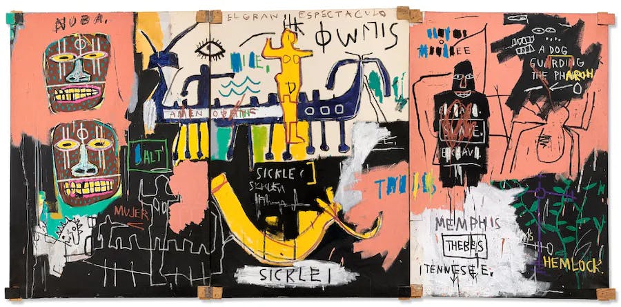 Jean-Michel Basquiat (1960-1988), El Gran Espectaculo (The Nile), 1983, signed, titled and dated, acrylic and oil stick on canvas, mounted on wooden supports, three parts, 172.7 x 358 cm. Image © Christie's