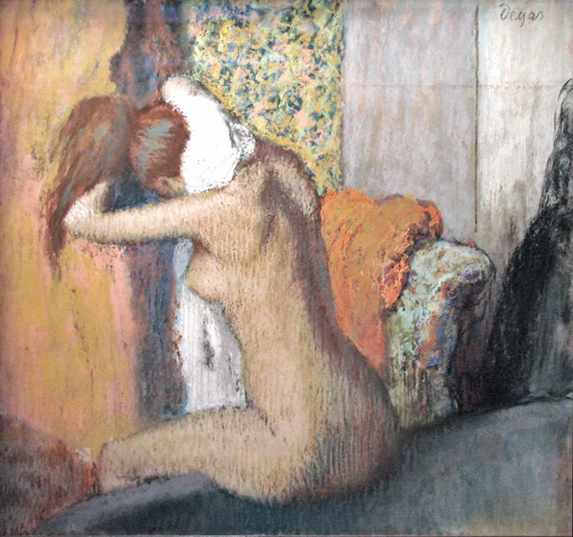 Edgar Degas (1834-1917), After the bath, woman wiping the back of her neck, circa 1899, pastel on cardboard, Musée d'Orsay, Paris. Public domain image