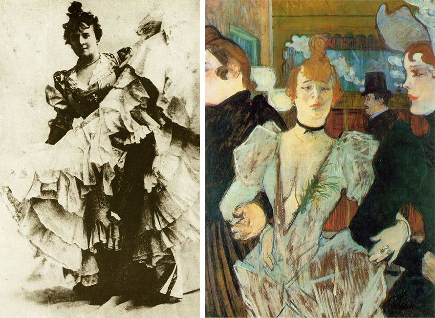 Gauche : La Goulue vers 1890 / Droite : Henri de Toulouse-Lautrec, La Goulue entre au Moulin Rouge, 1892, images CCØ
