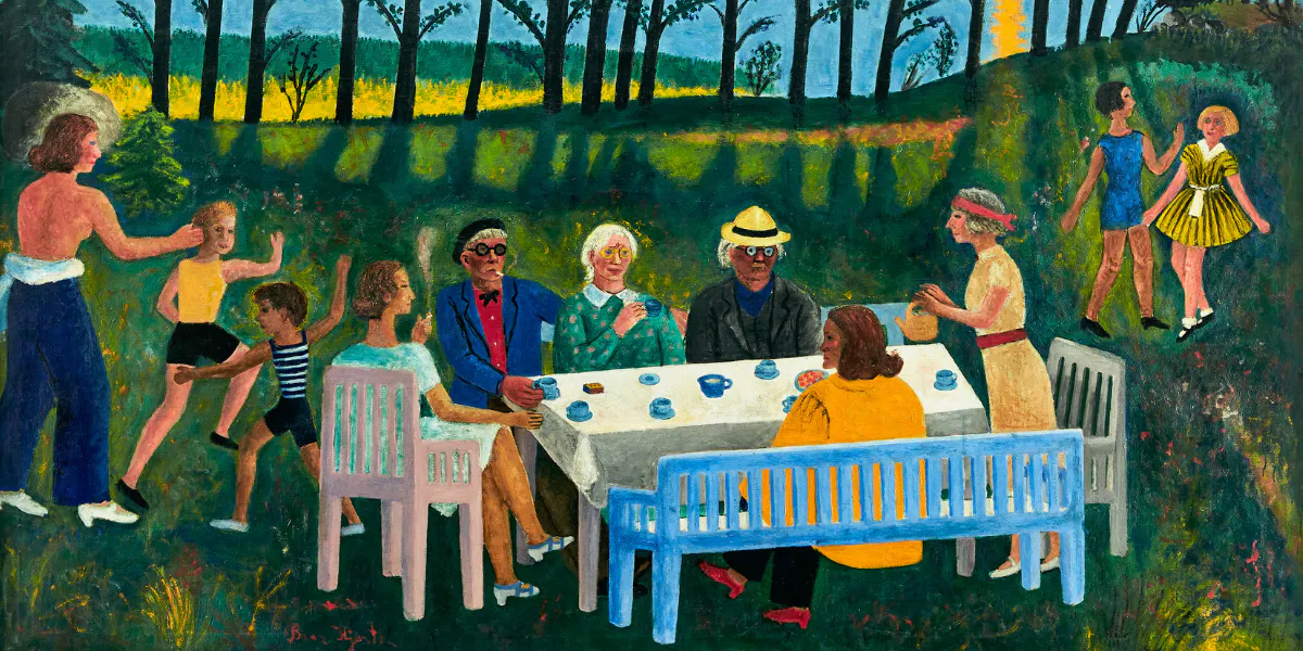 Bror Hjorth (1894-1968), 'Kafferep vid Långsjön', oil on canvas with frame made by the artist, total 144,5 x 238 cm, painted 1940. Photo © Uppsala Auktionskammare (detail)