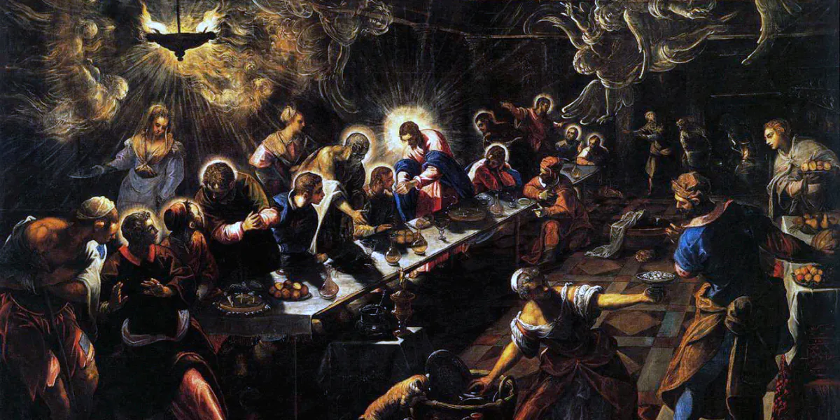 Jacopo Tintoretto, dit Le Tintoret, La Cène. 1592-94, huile sur toile. Photo du domaine public (détail)