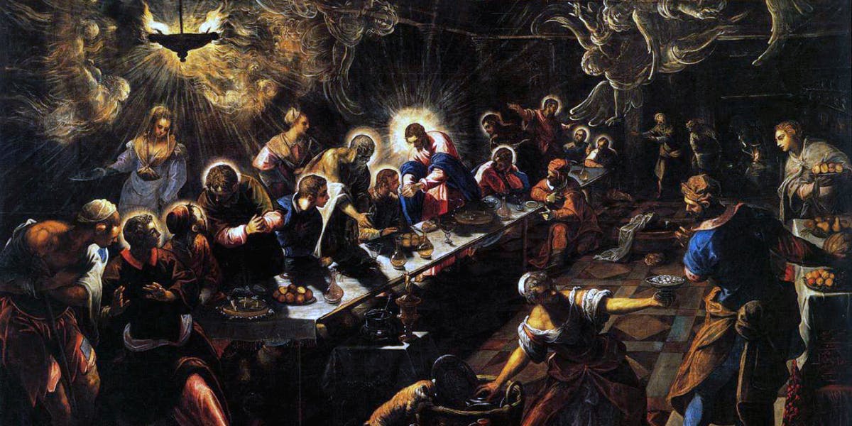 Jacopo Tintoretto, The Last Supper. 1592-94, oil on canvas. Public domain image (detail)