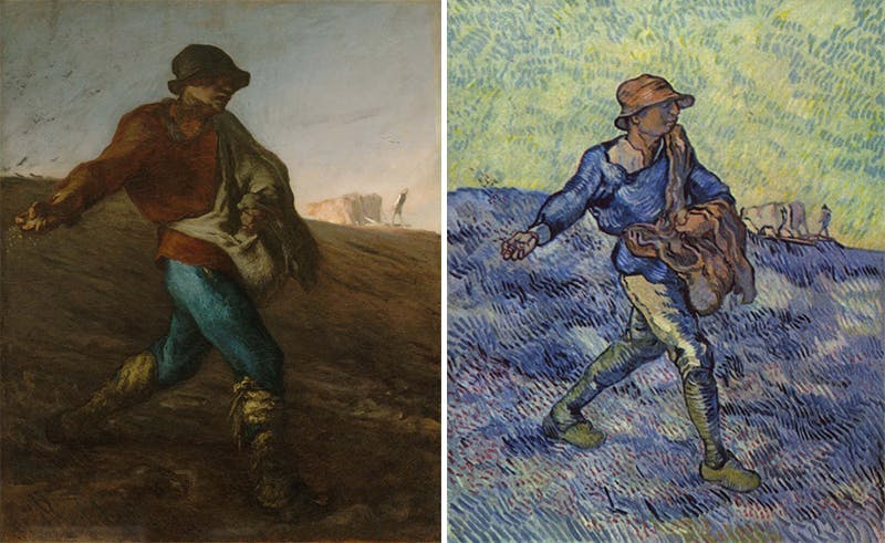 Left: Jean-François Millet, The Sower, 1850, oil on canvas, 101.6 x 82.6 cm, Museum of Fine Arts, Boston. Right: Vincent van Gogh, The Sower, Arles, October 1889, oil / canvas, 80 x 64 cm, private collection. Photos in the public domain