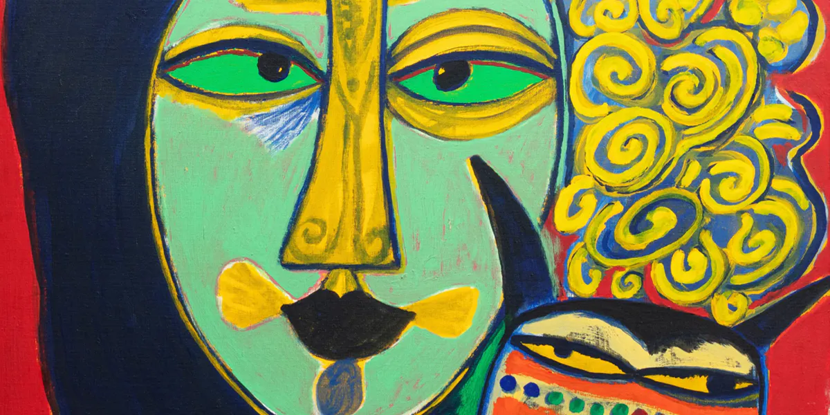 Corneille (1922-2010), Femme, chat et oiseau baroque, 1979, signiert, betitelt und datiert, Öl/Lwd., 60 x 60 cm. Foto © Sotheby's (Detail)