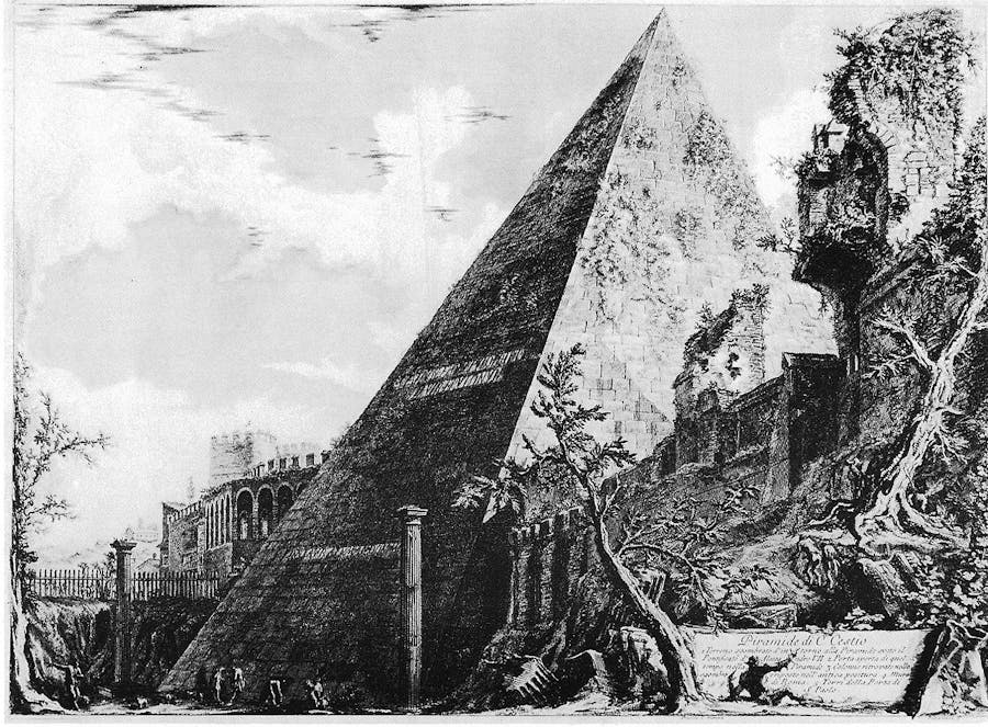 Giovanni Battista Piranesi, Piramide Cestia, incisione, anni 1700, dalle Vedute di Roma. Immagine di dominio pubblico