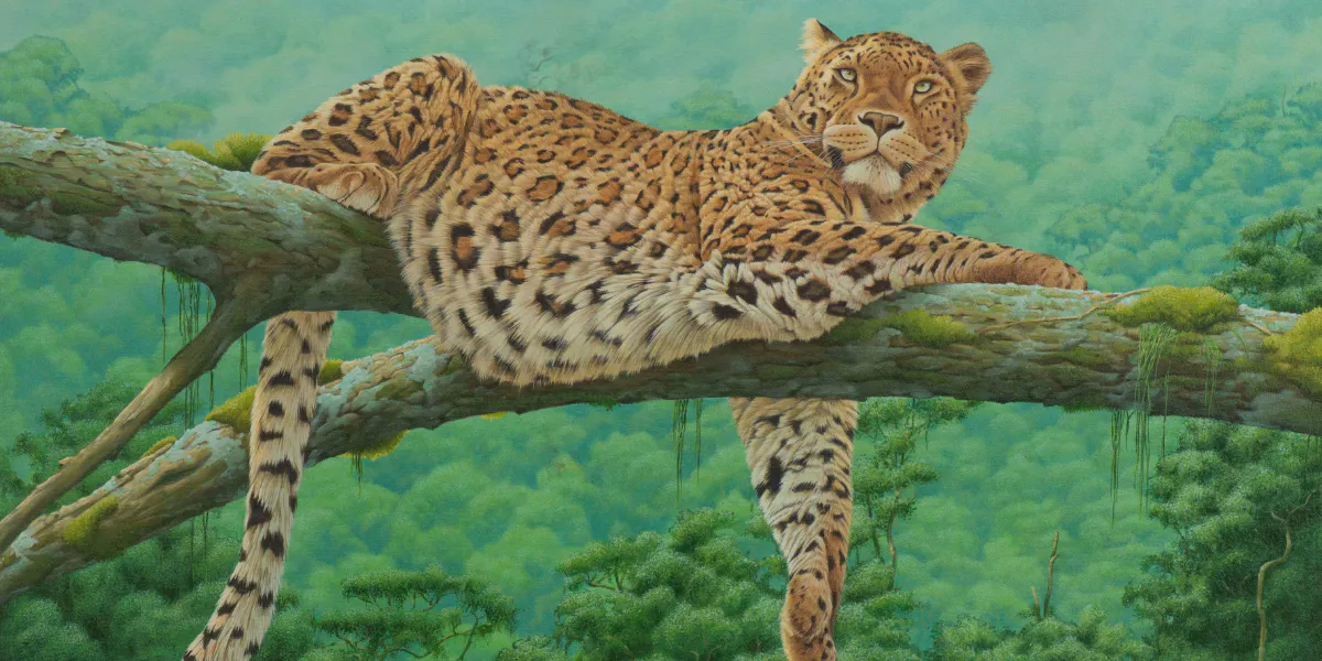 Eric Wilson (1960), 'Leopard on a branch in the Kiabab forest', oil on canvas, signed lower right and dated 1994. 61 x 90.5 cm. Photo © DognyAuction (detail)