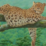 Eric Wilson (1960), 'Leopard on a branch in the Kiabab forest', oil on canvas, signed lower right and dated 1994. 61 x 90.5 cm. Photo © DognyAuction (detail)