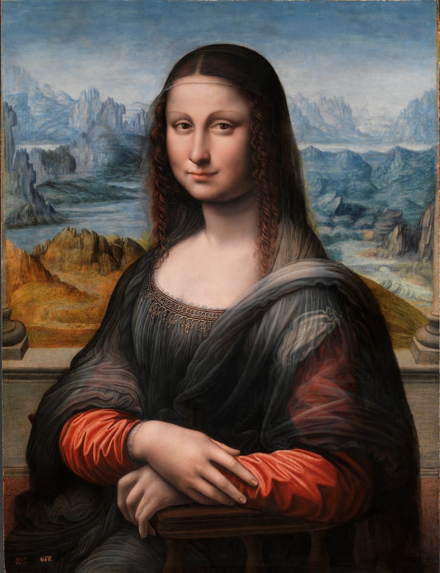 Leonardo da Vinci's pupil, Mona Lisa, 1503-16, oil / wood, 76.3 x 57 cm, Museo del Prado, Madrid. Public domain image