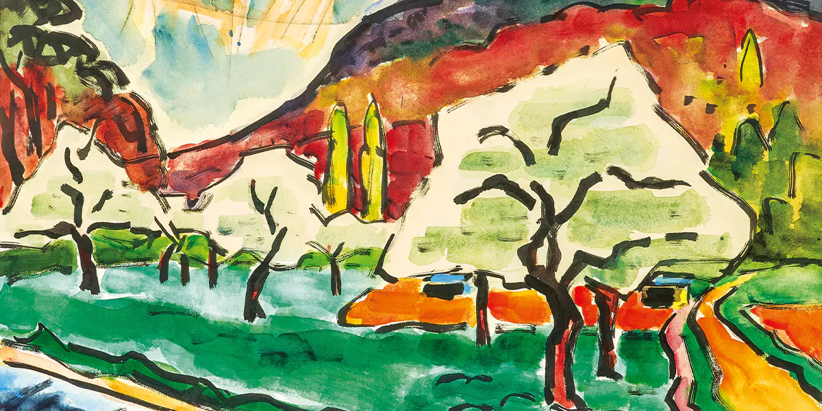 Karl Schmidt-Rottluff (1884 Rottluff - 1976 Berlin), Blühende Bäume vorm Berg, 1960, signiert und betitelt, Aquarell, 50 x 69,5 cm. Foto © Auktionshaus Stahl (Detail)