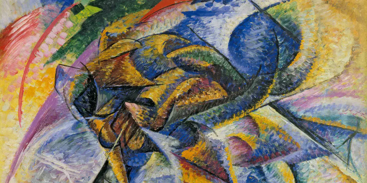 Umberto Boccioni (1882-1916), Dynamisme d'un cycliste, 1913, huile sur toile. Collection Gianni Mattioli, prêt à long terme à la collection Peggy Guggenheim, Venise. Photo dans le domaine public (détail)