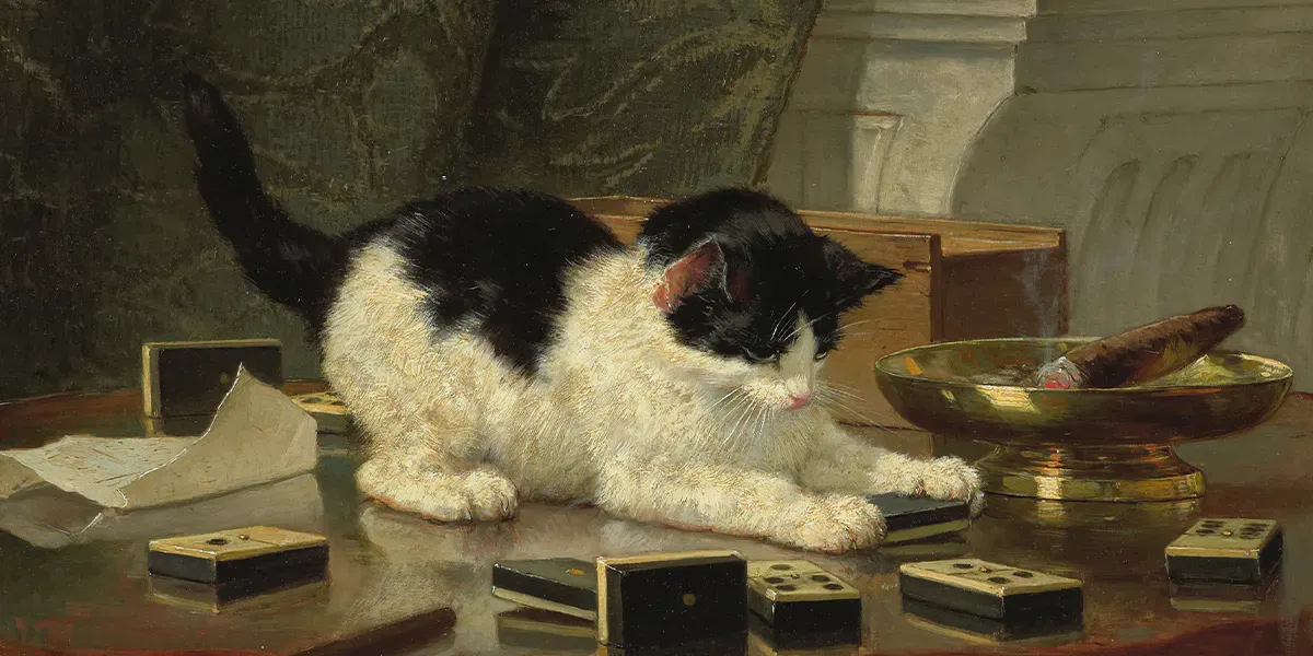 Henriëtte Ronner-Knip (1821-1909), Katjesspel (Le jeu du chaton), vers 1860-1878, huile sur panneau, 32,8 x 45,2 cm (détail), Rijksmuseum, Amsterdam. Photo domaine public