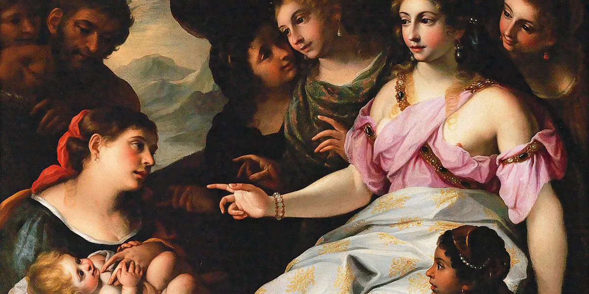 Elisabetta Sirani (1638–1665), Ritrovamento di Mosè, 1665 circa, olio su tela, 112.5 x 130 cm, collezione privata. Immagine di dominio pubblico (dettaglio)