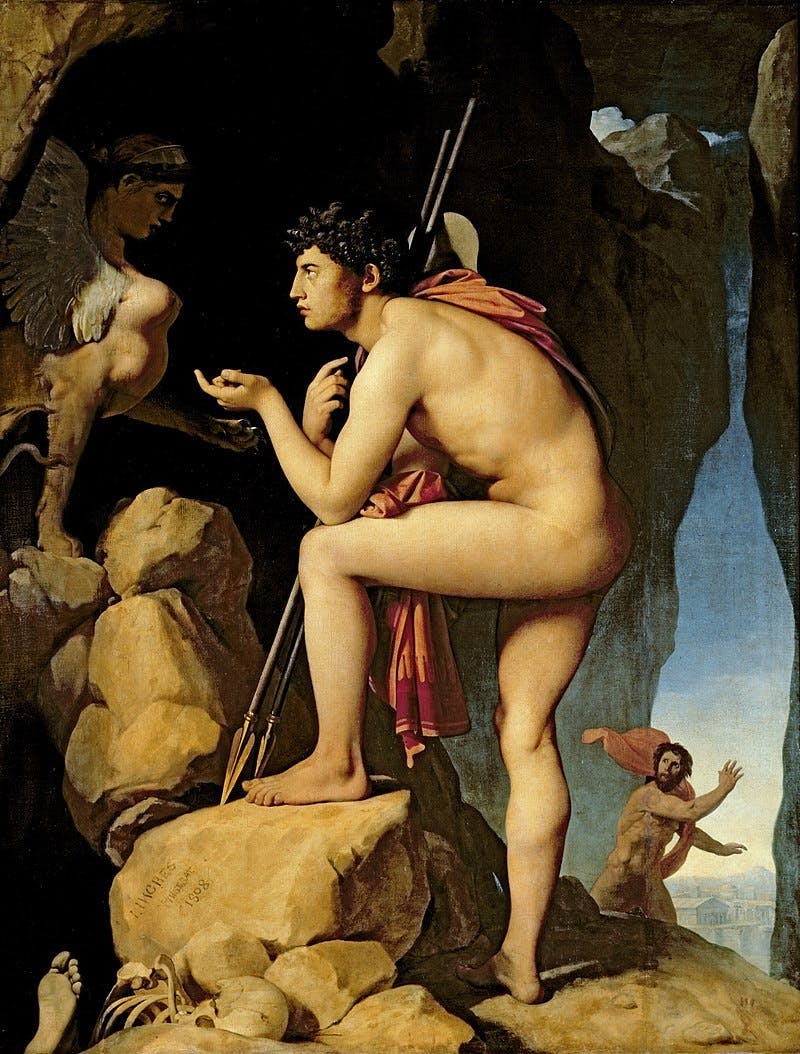 Jean-Auguste-Dominique Ingres (1780-1867), Oedipus and the Sphinx, 1808, oil on canvas, 189 x 144 cm, Musée du Louvre, Paris. Photo public domain