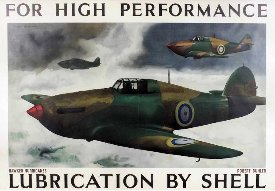 Robert Buhler per Shell, "Hawker Hurricanes", litografia a colori, poster pubblicitario Shell raffigurante tre Hawker Hurricanes in volo, con la scritta "For High Performance - Lubrication by Shell". Foto © Canterbury Auction Rooms