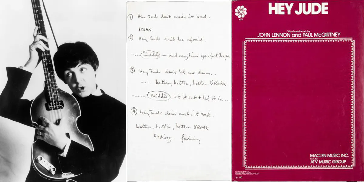 Izquierda: Paul McCartney de The Beatles con su bajo Hohner, c. 1965. Foto de Express/Express/Getty Images. Derecha:  Letra de Paul McCartney’ ‘Hey Jude’, vendida por $910,000 en Julien’s Auctions. Foto: Julien’s Auctions