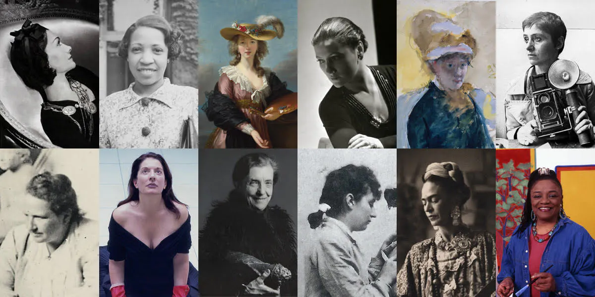 Top row (left to right): Coco Chanel, Photo: Phillips; Louis Mailou Jones, Photo: Wiki Commons; Élisabeth Louise Vigée Le Brun, ‘Self Portrait in a Straw Hat’, Photo: Wiki Commons; Suzanne Belperron, Photo: Photo: Horst P. Horst/Condé Nast via Getty Images; Mary Cassatt, ‘Self-Portrait’, Photo: Wiki Commons; Diane Arbus, Photo: Roz Kelly/Michael Ochs VIA Archives/Getty Images. Bottom row (left to right): Gertrude Stein, Photo: Sotheby’s; Marina Abramović, ‘Cleaning the Floor’, Photo: Phillips; Robert Mapplethorpe, ‘Louise Bourgeois, Photo: Sotheby’s; Camille Claudel, Photo: Wiki Commons; Bernice Kolko, ‘Ten photographs of Frida Kahlo’, Photo: SWANN Auction Galleries via Barnebys Price Bank; Faith Ringgold, Photo: Anthony Barboza via Getty Images.