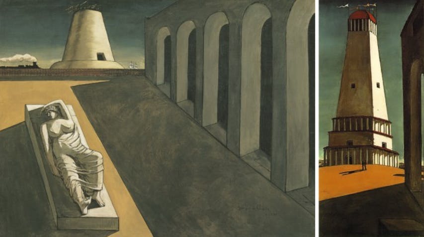 Left: Giorgio de Chirico, Ariadne (Ariadne), 1913, oil on canvas, The Met / Right: Giorgio de Chirico, Le Nostalgie de l'Infini, oil on canvas, 1912-1913, MoMA, images via Sotheby's
