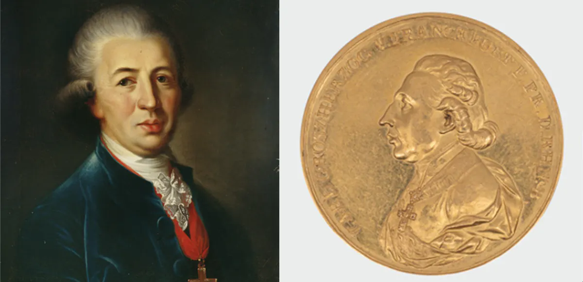 Links: Carl Theodor von Dalberg, 1791 | Foto via Wikipedia || Rechts: Carl Theodor von Dalberg, Fürstprimas des Rheinbundes (1806-15), Goldmedaille 1810 | Foto: © Wormser Auktionshaus