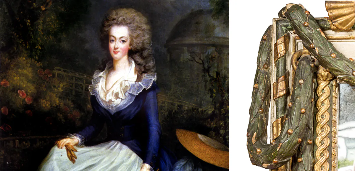 Links: Marie Antoinette im Park ihres Schlösschens Trianon, 1778, Porträt von Jean-Baptiste André Dagoty. Foto gemeinfrei. Rechts: Großer Wandspiegel, 2. H. 18. Jh, Weichholzrahmen/Stuck, Zierelemente aus Lindenholz geschnitzt, gefasst und teilvergoldet, 209 x 145 cm. Fotos © Eppli