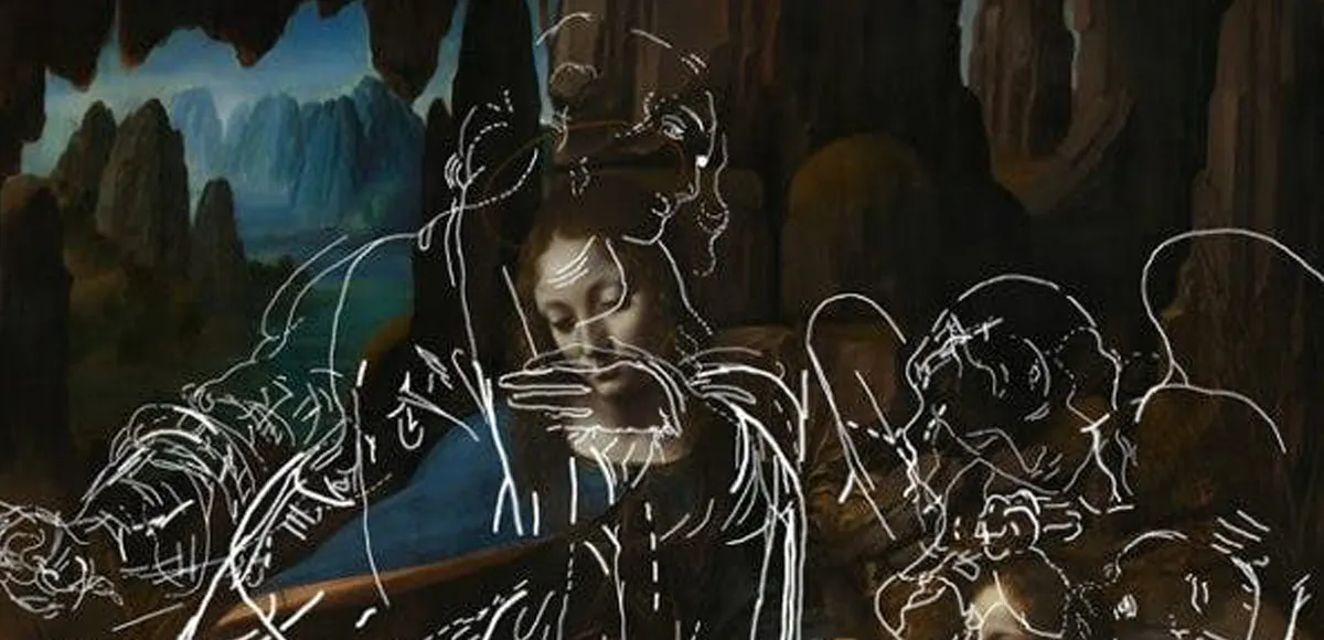 Originalskisserna under det färdiga verket: ”Madonnan i grottan”, Leonardo da Vinci. Foto: National Gallery London