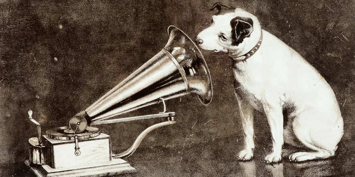Détail d'une plaque en porcelaine His Master’s Voice, Columbia, image © Morphy Auctions