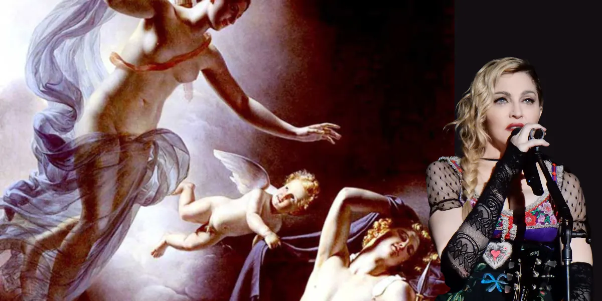 Madonna et en arrière plan le tableau Diane et Endymion (1822) de Jérôme Martin Langlois (détail). Photo chrisweger, CC BY-SA 2.0  et Wikimédia / domaine public.
