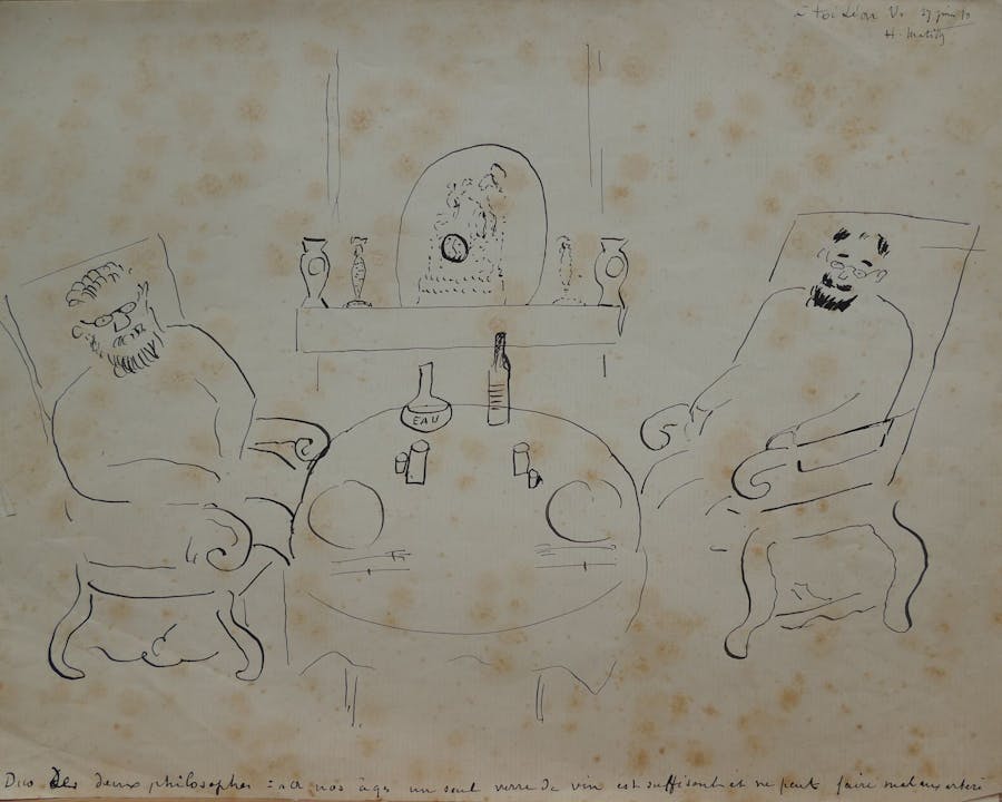 Henri Matisse (1869-1954), Duo des deux philosophes: à nos âges un seul verre de vin est suffisant et ne peut faire mal aux artères, dessin, encre sur papier vergé signé et daté 27 juin 10, image © Maison de Ventes Guéry