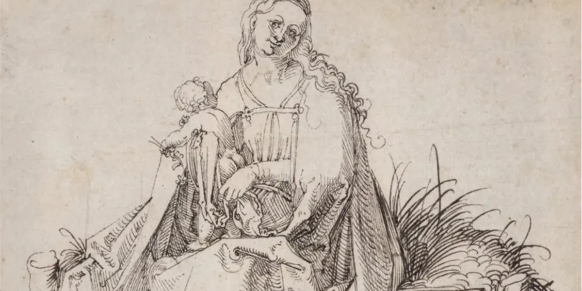 Albrecht Dürer (1471 Nuremberg 1528), Madonna auf der Rasenbank (Madone sur un banc de gazon), probablement 1503, dessin à la plume sur papier de lin fin, monogrammé, 16,2 x 16,4 cm. Photo © Agnews Gallery (détail)