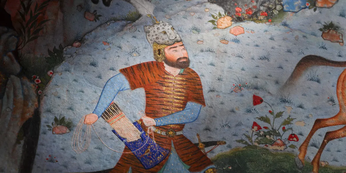 Rustam récupère Rakhsh du troupeau d'Afrasiyab, folio illustré (f.295r.) du Shahnameh de Shah Tahmasp, attribué à Mirza 'Ali, Perse, Tabriz, Royal Atelier, vers 1525-35, gouache et encre rehaussée d'or sur papier. Photo © Sotheby's (détail)
