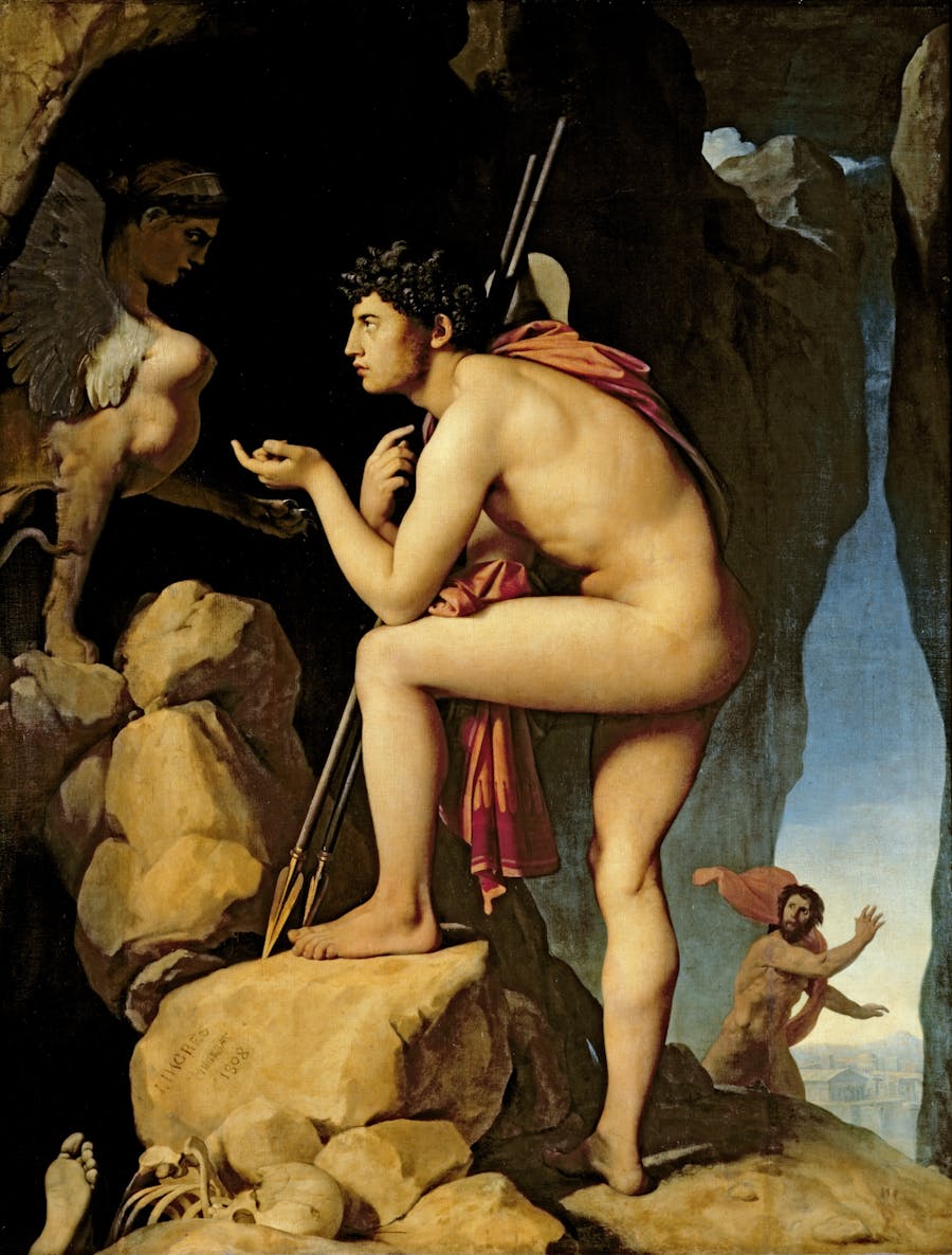 Jean-Auguste-Dominique Ingres, Oedipus and the Sphinx (1808), oil on canvas. Department of Paintings of the Louvre, Musée du Louvre, Paris. Photo in the public domain