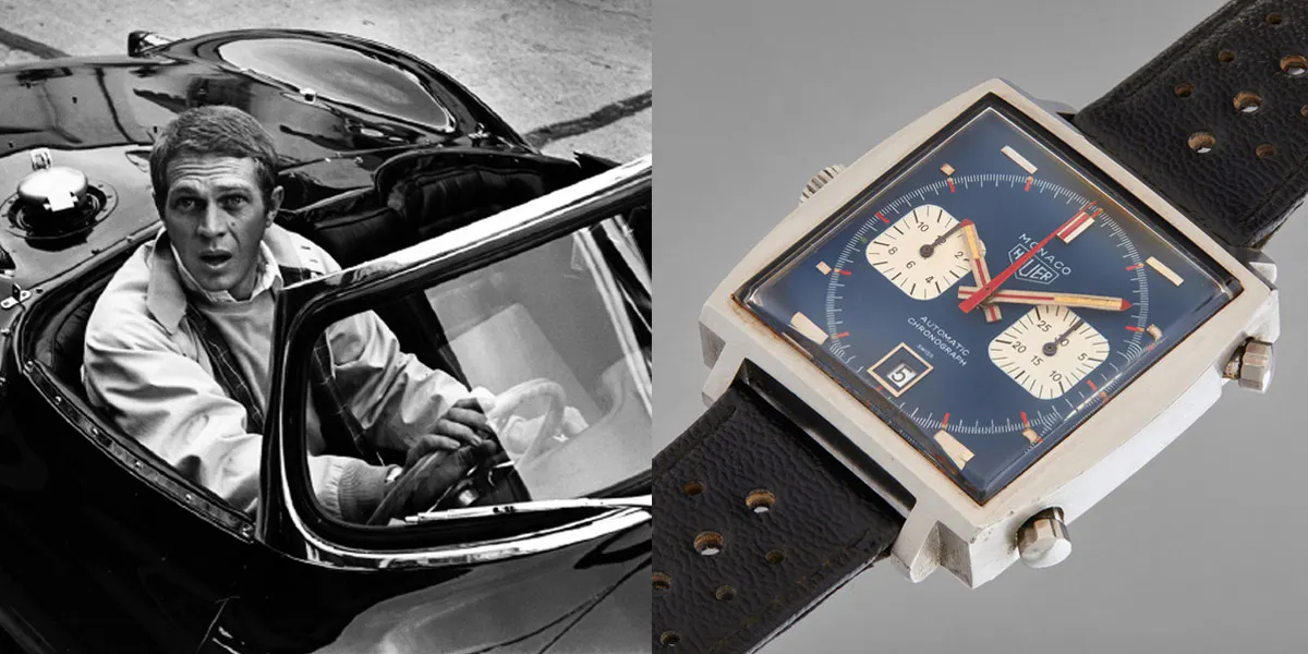 Left: William Claxton, 'Steve McQueen in his Jaguar XK55, Hollywood, 1962’, Gelatin silver print. Photo: Phillips via Barnebys price bank. Right: Heuer Monaco Worn by Steve McQueen for the 1971 film, ‘Le Mans’, Gifted to his Personal Mechanic, Haig Alltounian. Photo: Phillips
