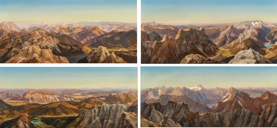 Markus Pernhart (1824 Untermieger - 1871 Klagenfurt), Panorama dalla cima del Mangart nelle Alpi Giulie (4 parti), olio su tela, 66 x 146 cm ciascuno. Foto © Dorotheum