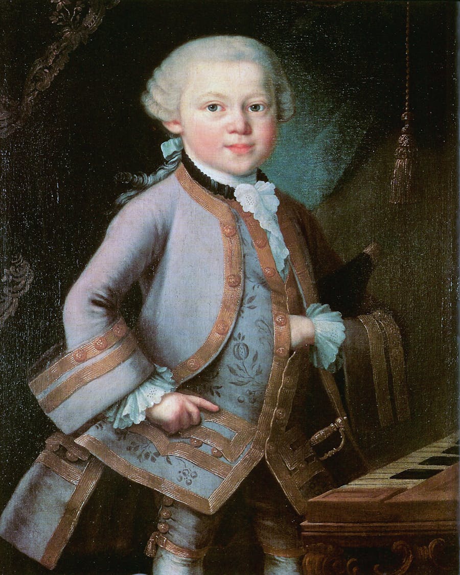 Portrait of the child Mozart, possibly by Pietro Antonio Lorenzoni; painted in 1763 on commission from Leopold Mozart. Image: Wikipedia