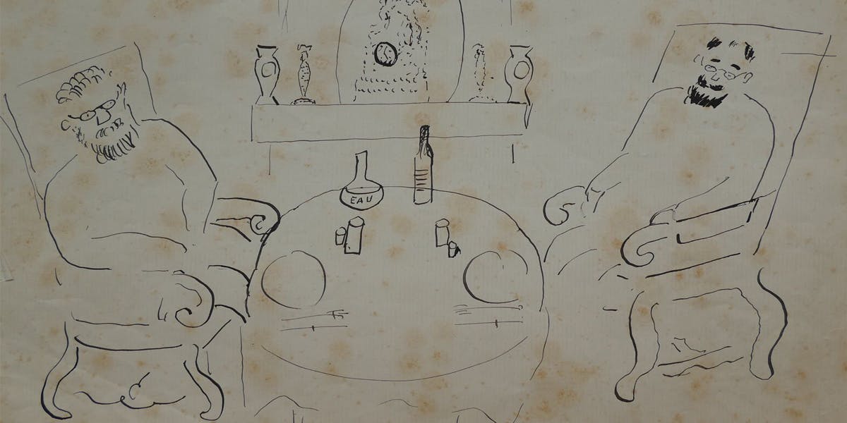 Henri Matisse (1869-1954), Duo des deux philosophes: à nos âges un seul verre de vin est suffisant et ne peut faire mal aux artères, dessin, encre sur papier vergé, signé et daté 27 juin 10, image © Maison de Ventes Guéry (détail)