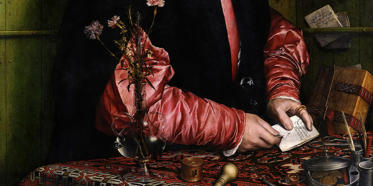 Hans Holbein d. J. (1497/98-1543), Bildnis des Danziger Hansekaufmanns Georg Gisze in London, 1532, Öl/Eichenholz, 96,3 x 85,7 cm, Gemäldegalerie, Berlin. Vorne auf dem Tisch ist eine frühe Dosenuhr zu sehen. Foto gemeinfrei (Detail)